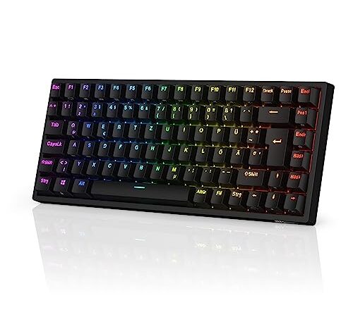 RK ROYAL KLUDGE RK84-DE 75% Gaming-Tastatur, 85 Tasten Kompakte Tastatur, Bluetooth Mechanische Tastatur, Braune Schalter, RGB Hintergrundbeleuchtung, 2.4Ghz Gaming Tastatur für Mac & Windows, Schwarz