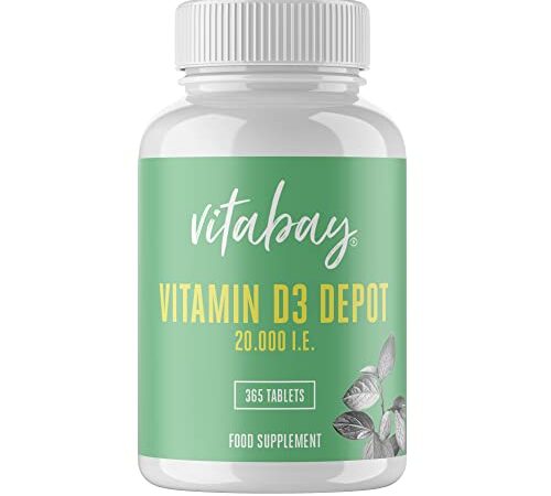 Vitabay Vitamin D3 Depot 20000 I.E. | 365 vegane hochdosierte Tabletten | Bioverfügbar | Sonnenvitamin | Laborgeprüft & hergestellt aus hochwertigen Rohstoffen